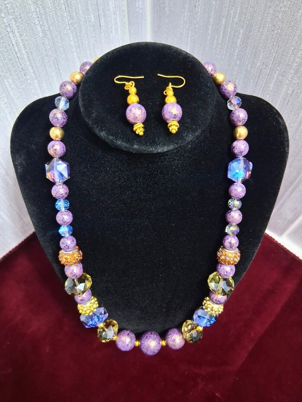 Mystical Crystal Beaded Statement Necklace And Earrings Set Purple And Gold 20"